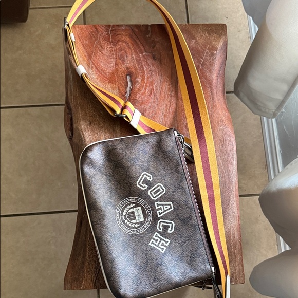 Coach Handbags - Coach Brown Logo Crossbody with Yellow & Burgundy Stripe Strap